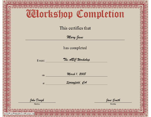 Workshop Completion certificate