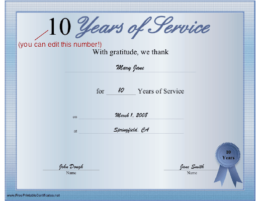 Years of Service certificate