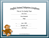 Adoption Certificate Stuffed Animal Monkey Academic